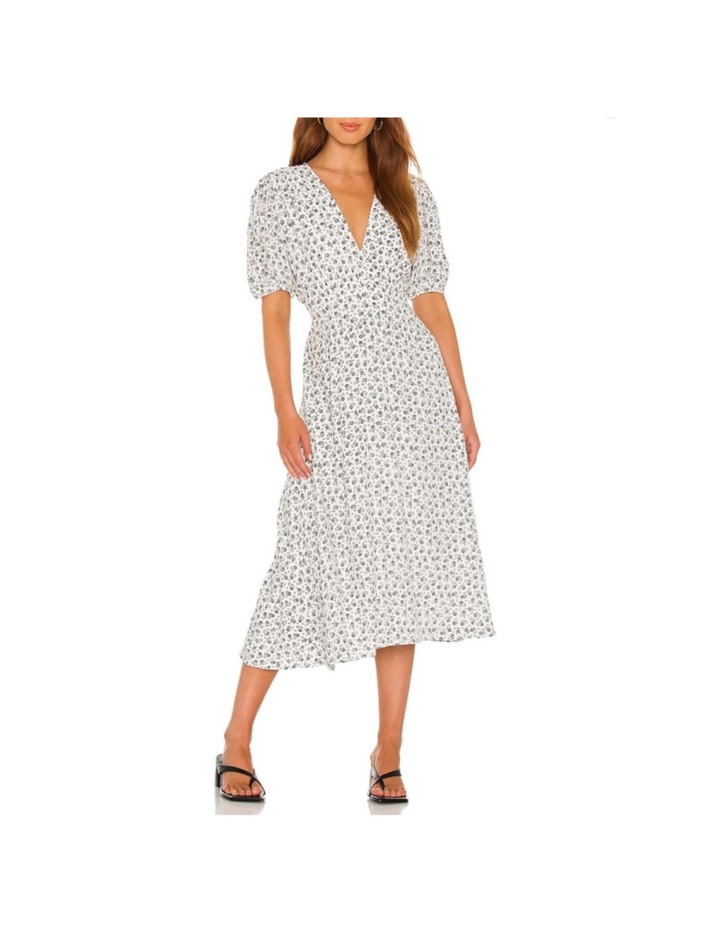 Floral Faithful the Brand White and black Sonja Midi Dress in La Bleu Print sz2